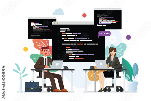 Man and woman programmer writing code on laptop together