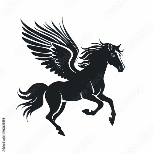 A majestic winged horse in dynamic pose, silhouette, white isolated background.