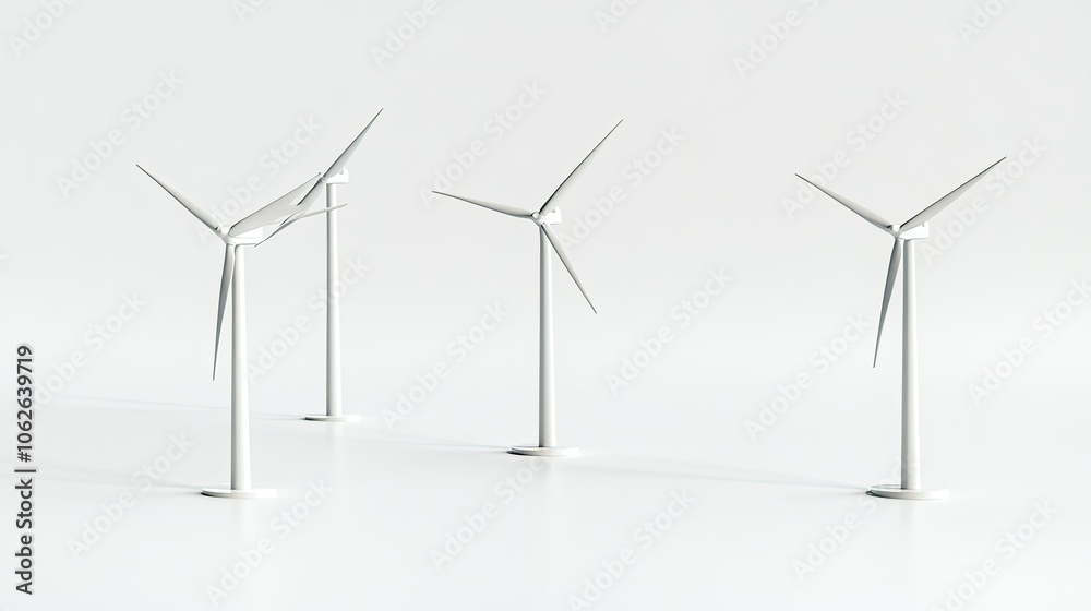 Wind turbines standing on a plain white background, perfect for stock photos focused on green energy and environmental themes. Wind turbines standing on a plain white background, perfect for stock photos focused on green energy and environmental themes.