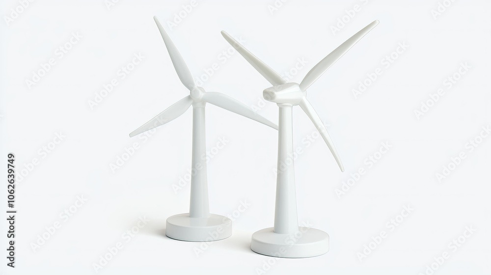 Wind turbines standing on a white background, symbolizing clean energy and environmental conservation. Wind turbines standing on a white background, symbolizing clean energy and environmental conservation.