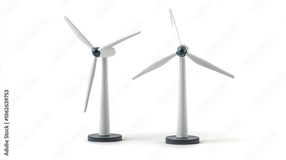 Wind turbines standing on a white background, symbolizing clean energy and environmental conservation. Wind turbines standing on a white background, symbolizing clean energy and environmental conservation.