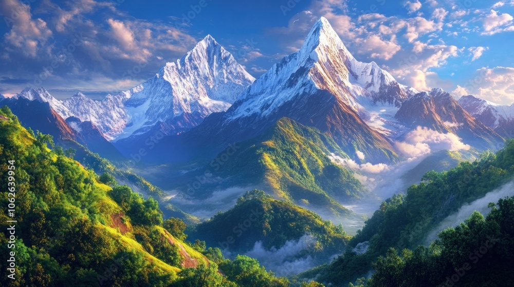 A dramatic mountain range with snow-capped peaks and lush valleys A dramatic mountain range with snow-capped peaks and lush valleys