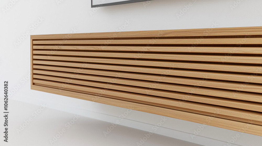 Wooden TV unit, slatted front, white background Wooden TV unit, slatted front, white background