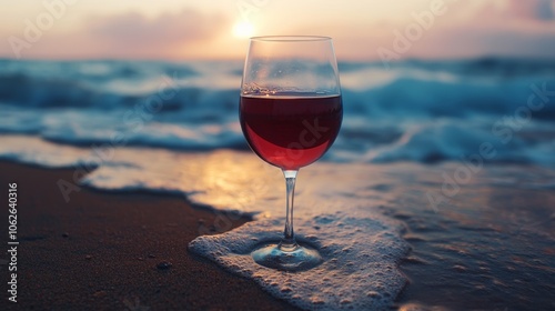 A glass of wine resting on the sandy shore at sunset with gentle waves lapping nearby create a tranquil seaside atmosphere