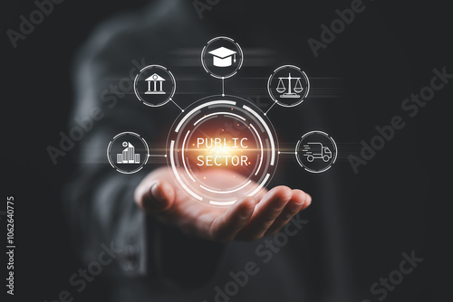 Public sector concept. Government, education, health, municipal service, provide people infrastructure. Person hold public sector icon on virtual screen.