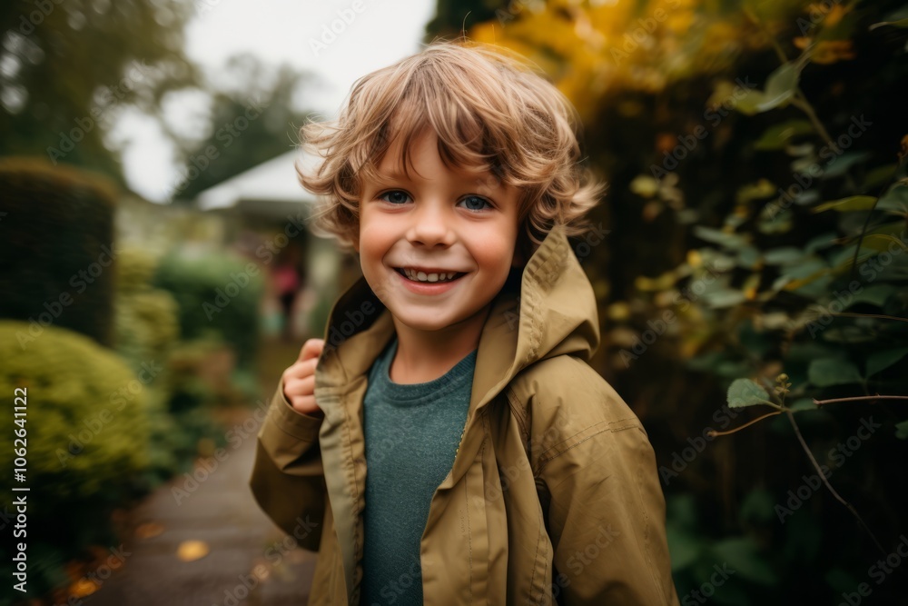 Portrait of a smiling boy in a raincoat on a background of autumn leaves Portrait of a smiling boy in a raincoat on a background of autumn leaves