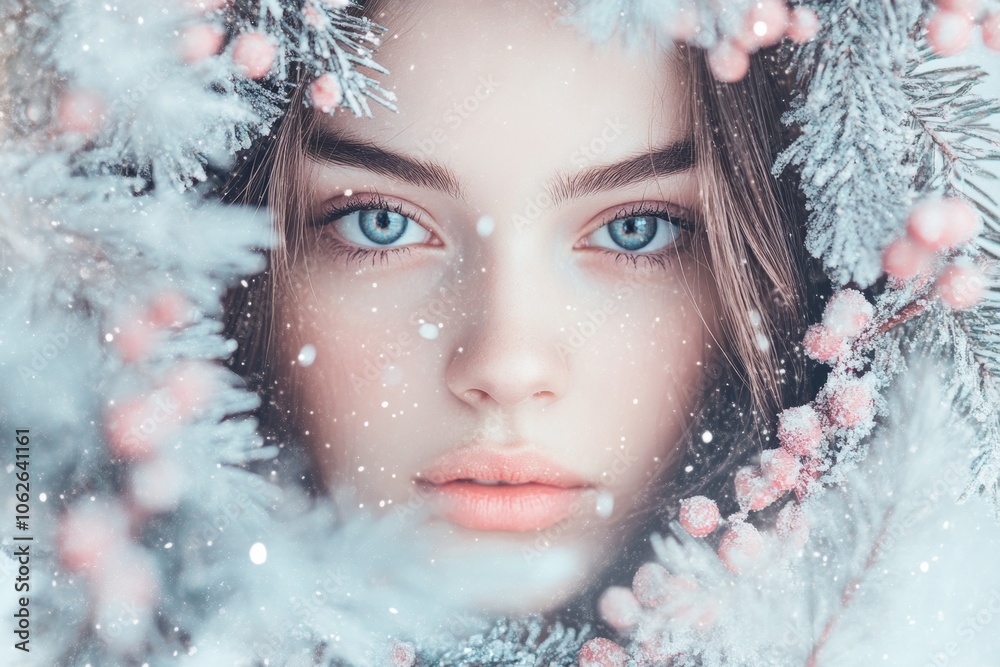 A young woman's serene expression framed by snowy foliage and pastel decorations, creating a winter wonderland for Christmas