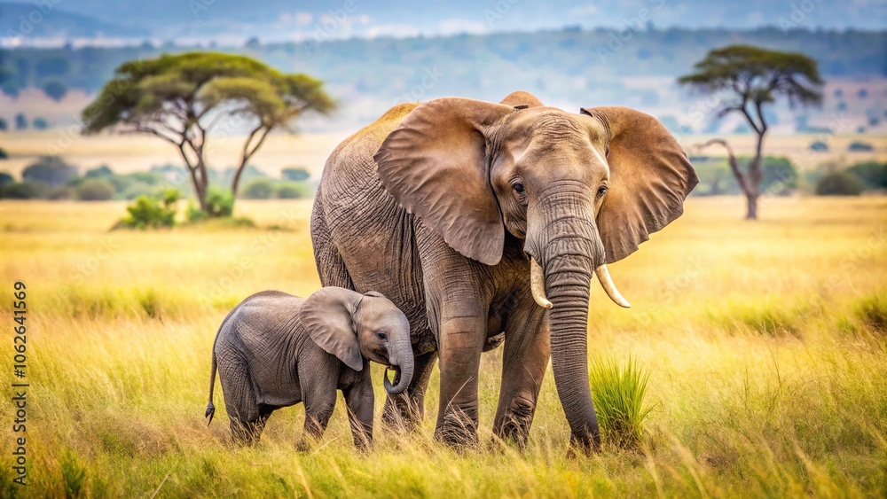 Obraz premium A mother elephant protecting her calf from harm in the savannah, savannah, big mammal