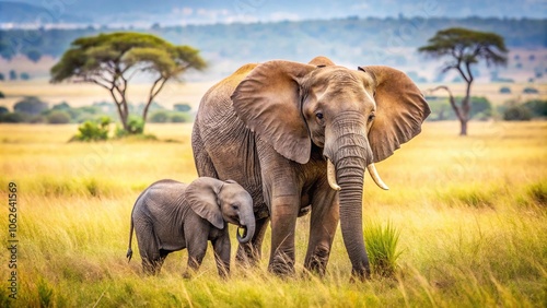 A mother elephant protecting her calf from harm in the savannah, savannah, big mammal