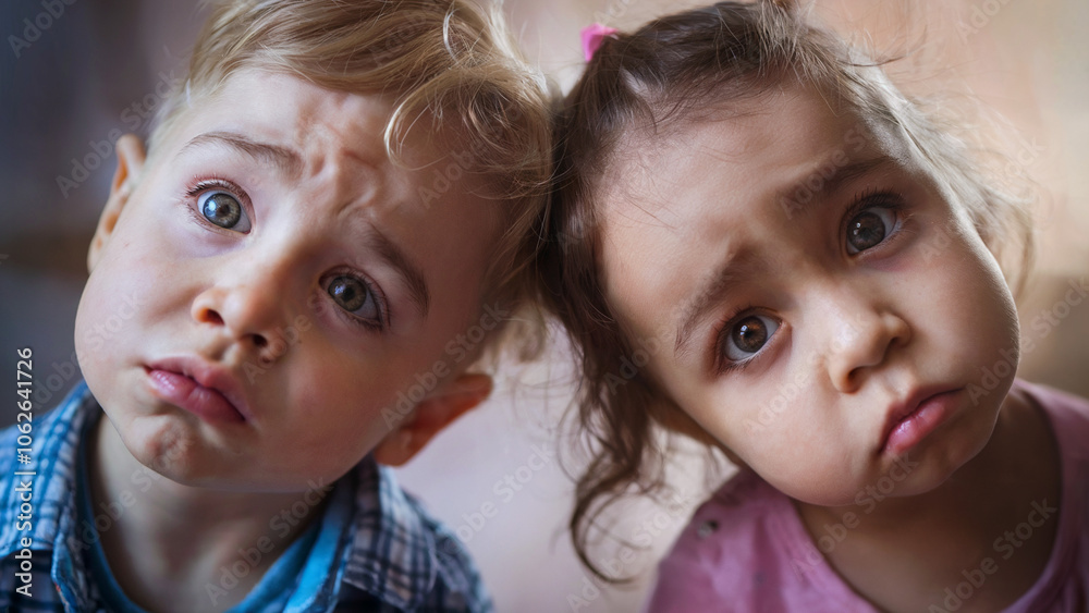 Childlike Confusion: A close-up of a young boy and girl tilting their heads, their expressions embodying a sense of playful confusion Childlike Confusion: A close-up of a young boy and girl tilting their heads, their expressions embodying a sense of playful confusion