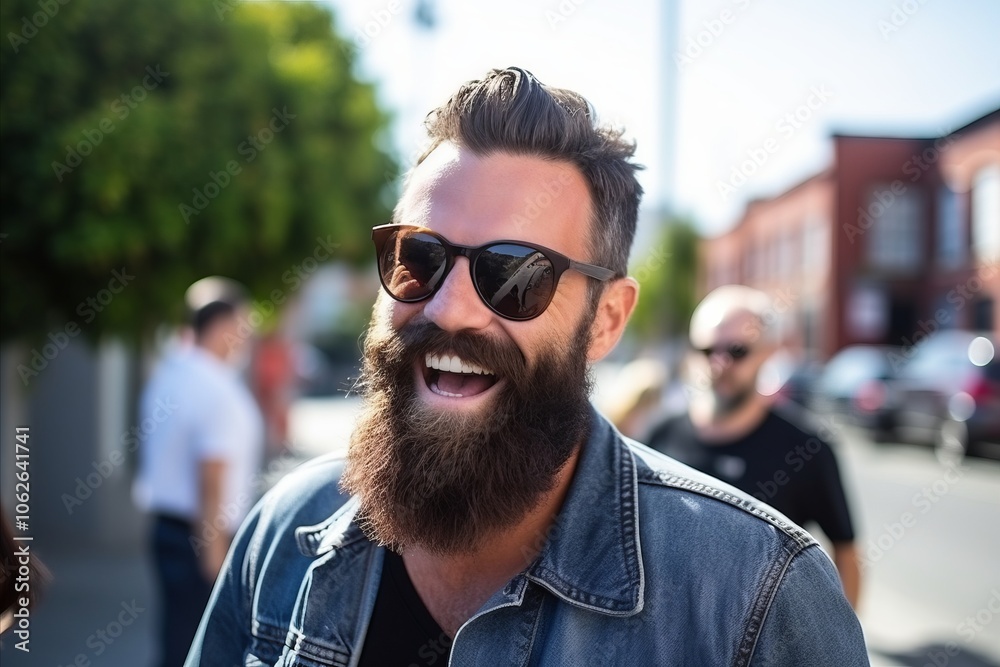 Portrait of a handsome young man with long beard and mustache in sunglasses on the street