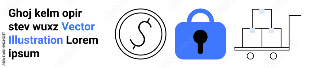 Currency symbol, padlock, and boxes on a hand truck illustration. Ideal for finance security, logistics, transportation, e-commerce, warehouse management, asset protection, shipping. Banner Currency symbol, padlock, and boxes on a hand truck illustration. Ideal for finance security, logistics, transportation, e-commerce, warehouse management, asset protection, shipping. Banner