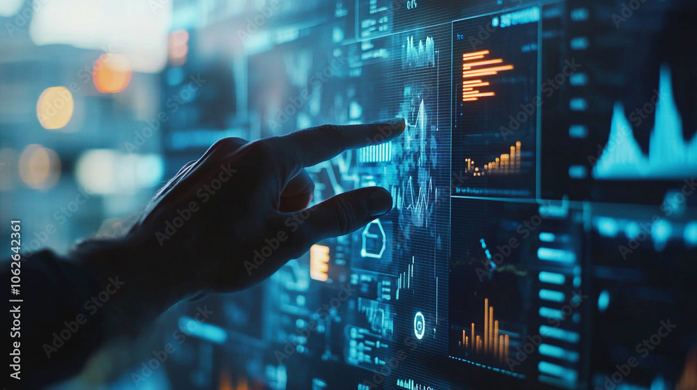 Person interacting with a digital screen displaying data analytics in a modern office environment Person interacting with a digital screen displaying data analytics in a modern office environment
