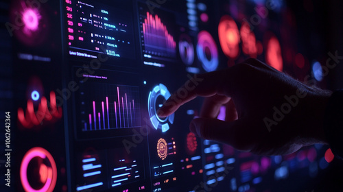 A person interacting with a high-tech data visualization interface in a dark environment