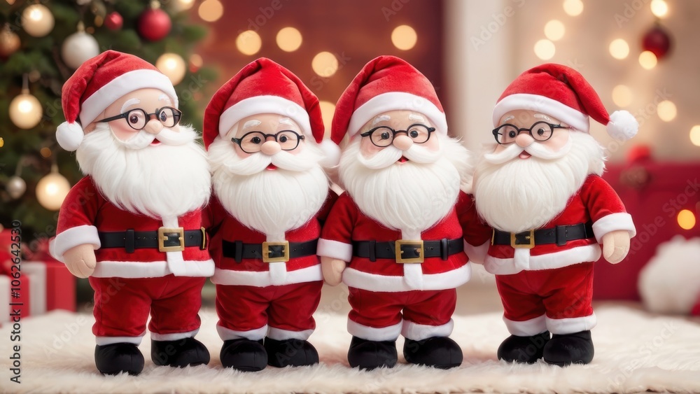 Group of Adorable Santa Claus Dolls in Festive Christmas Setting with Lights and Decorated Tree Group of Adorable Santa Claus Dolls in Festive Christmas Setting with Lights and Decorated Tree