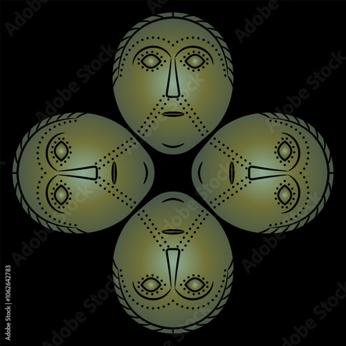 Square cross shape ornament with four Viking Norse or Celtic mask from ancient Dania. Stylized human face. 