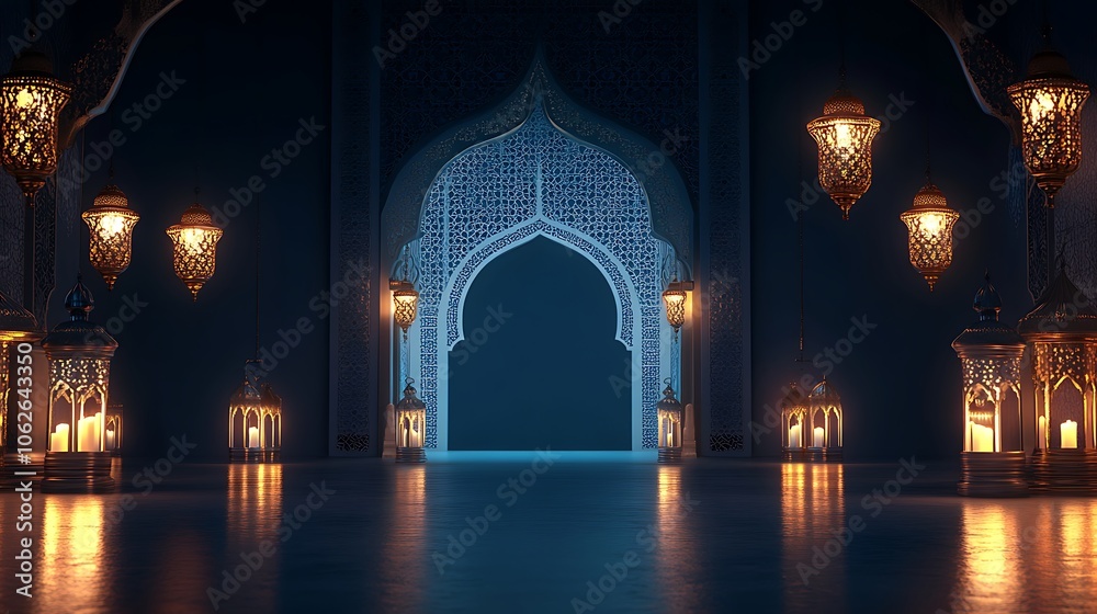 3D rendering of a Ramadan Kareem background with an Islamic arch and lanterns hanging on the wall in a night mosque interior. ( 3D rendering of a Ramadan Kareem background with an Islamic arch and lanterns hanging on the wall in a night mosque interior. (