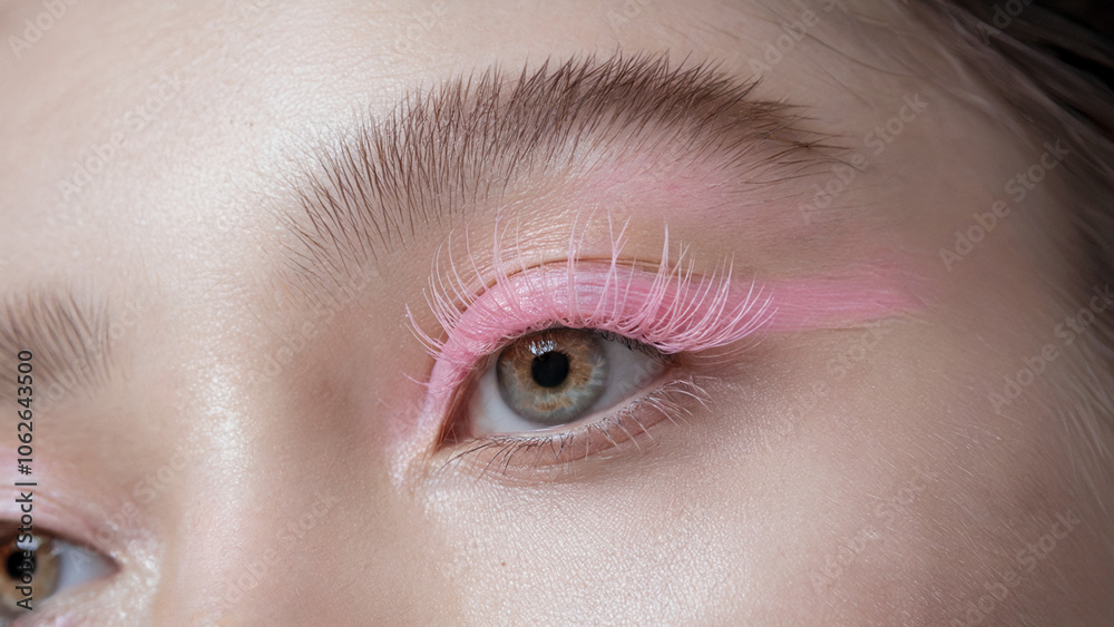 Obraz premium Playful Pink Mascara, Soft Minimalism: A close-up shot of an eye with soft pink mascara, creating a playful yet gentle look