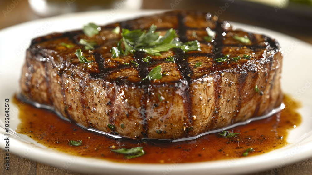 Gourmet Steak with Fresh Garnish on White Plate Gourmet Steak with Fresh Garnish on White Plate