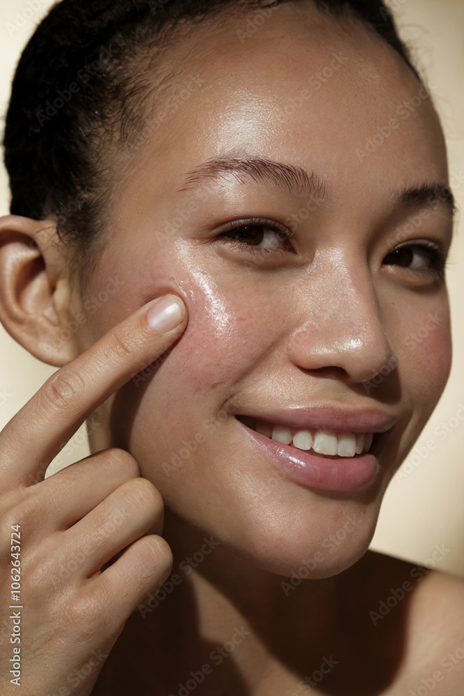 Stylish Minimalism, A close-up shot of a face showcasing dewy skin: The model's face is captured head-on, exuding a warm and inviting expression Stylish Minimalism, A close-up shot of a face showcasing dewy skin: The model's face is captured head-on, exuding a warm and inviting expression
