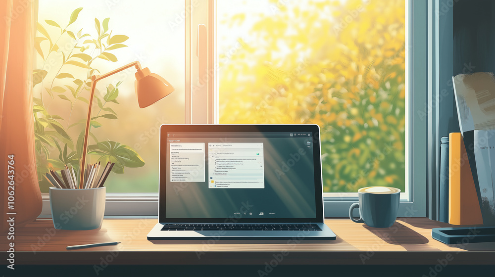 home office setup with a laptop, cozy environment, coffee cup, productive remote work