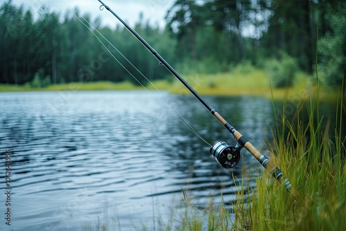 Fishing rod by lake with green foliage. A fishing rod with a reel rests on the edge of a calm lake, surrounded by lush green foliage, capturing the essence of peaceful fishing.