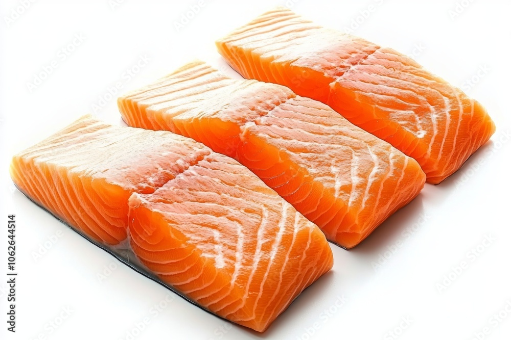 Fresh salmon fillet on a white background, showcasing bright orange flesh and delicate marbling for culinary inspiration Fresh salmon fillet on a white background, showcasing bright orange flesh and delicate marbling for culinary inspiration