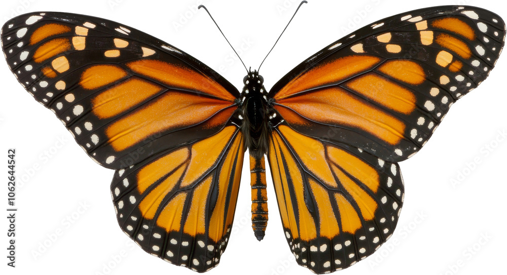 Fototapeta premium Monarch butterfly with open wings on transparent background, nature and wildlife concept
