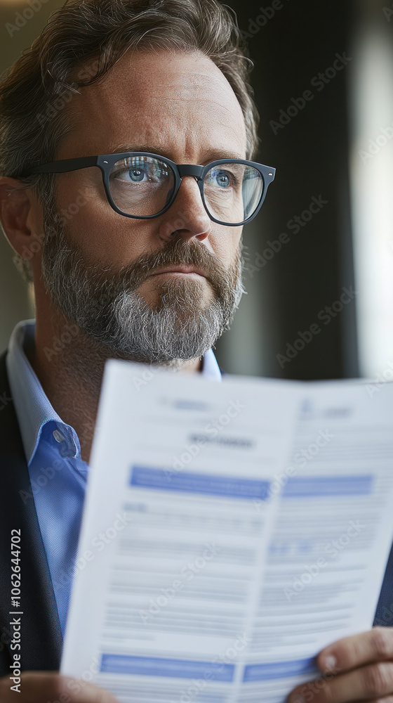 A man is holding a piece of paper and looking at it. He is wearing glasses and has a beard A man is holding a piece of paper and looking at it. He is wearing glasses and has a beard