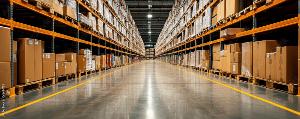 Fototapeta premium A large warehouse with a yellow line down the middle. The warehouse is filled with boxes and pallets
