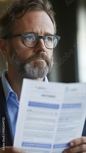 A man is holding a piece of paper and looking at it. He is wearing glasses and has a beard