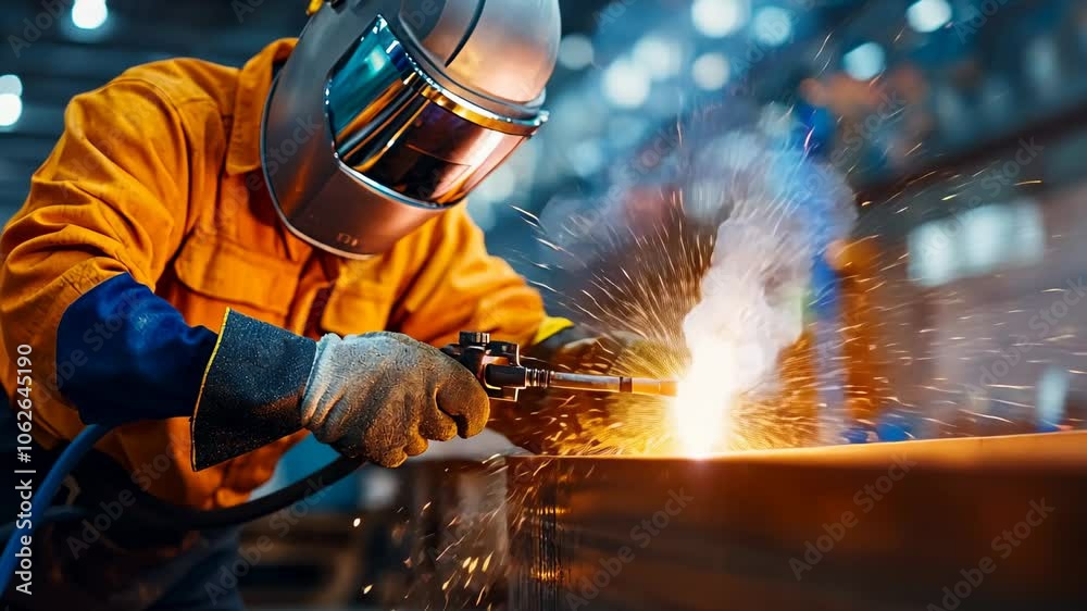 Welder Working on Metal Construction, welding, industry, industrial, factory, manufacturing Welder Working on Metal Construction, welding, industry, industrial, factory, manufacturing