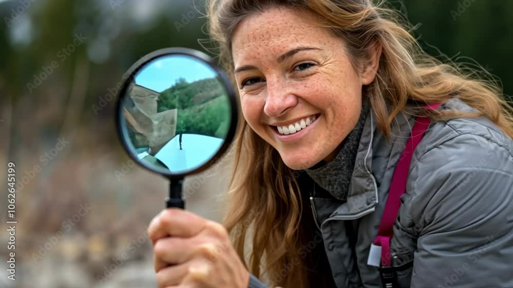 Woman Smiling Through a Magnifying Glass, female, happy, cheerful, exploration, discovery Woman Smiling Through a Magnifying Glass, female, happy, cheerful, exploration, discovery