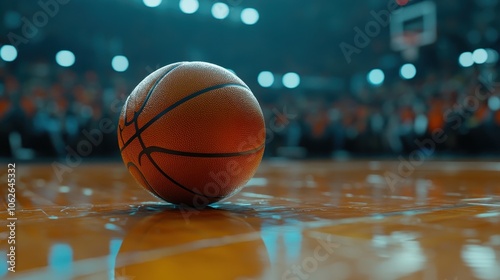 A closeup of a basketball on a shiny wooden floor, with an outoffocus excited crowd in the backdrop, capturing the pregame silence and tension photo