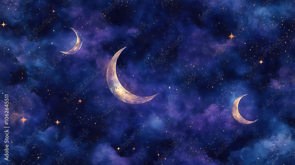 Fototapeta premium A celestial-inspired seamless carpet pattern with delicate stars, crescent moons, and subtle galaxy swirls, in deep purple and midnight blue tones,