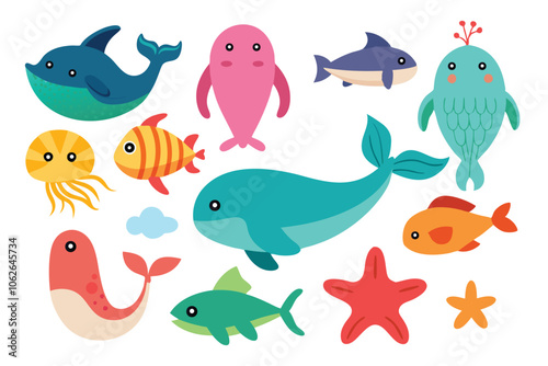 Sea animals. Ocean underwater aqua life. Marine wild animal. Childish tropical colorful fish, coral, algae and exotic elements set flat vector illustration on white background. photo