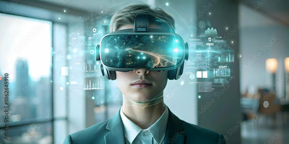 Marketer VR Digital Campaign Visualization Close-Up Futuristic Marketing Strategies Network Intelligence Immersive Experience Copy Space for Text or Branding Stock Photo Concept