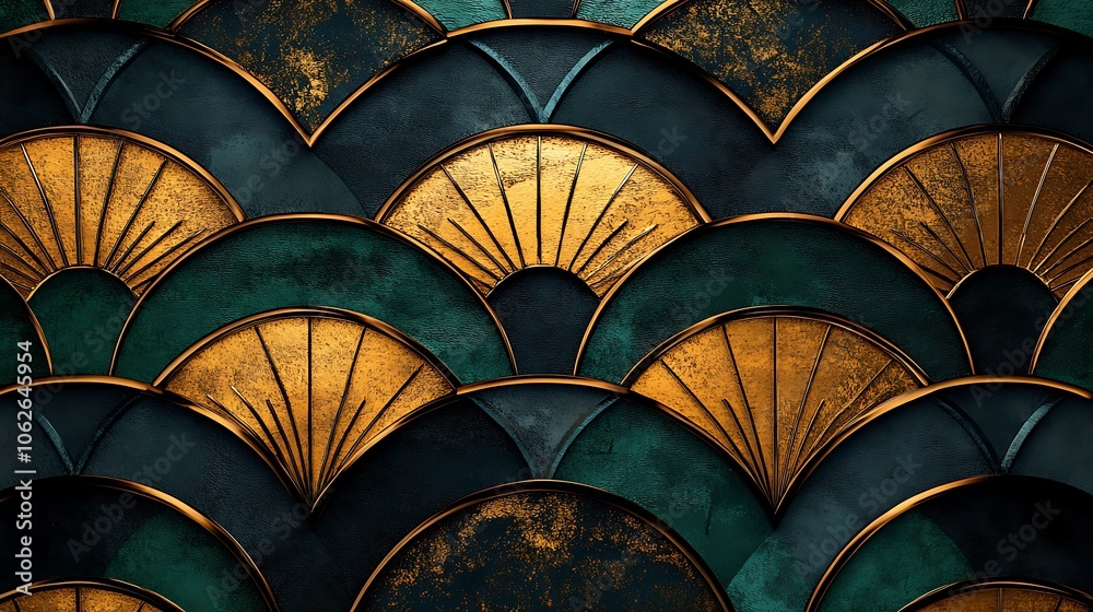 A luxurious Art Deco seamless carpet pattern featuring angular motifs and metallic accents in deep emerald green, bronze, and black, high-definition texture and intricate symmetry creating a bold, A luxurious Art Deco seamless carpet pattern featuring angular motifs and metallic accents in deep emerald green, bronze, and black, high-definition texture and intricate symmetry creating a bold,