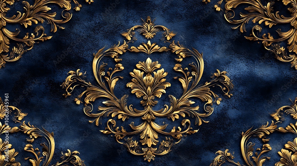 A luxurious, baroque-inspired seamless carpet pattern, featuring gold filigree and intricate floral flourishes on a royal blue base, symmetrical design with rich detail and subtle shadowing for depth.