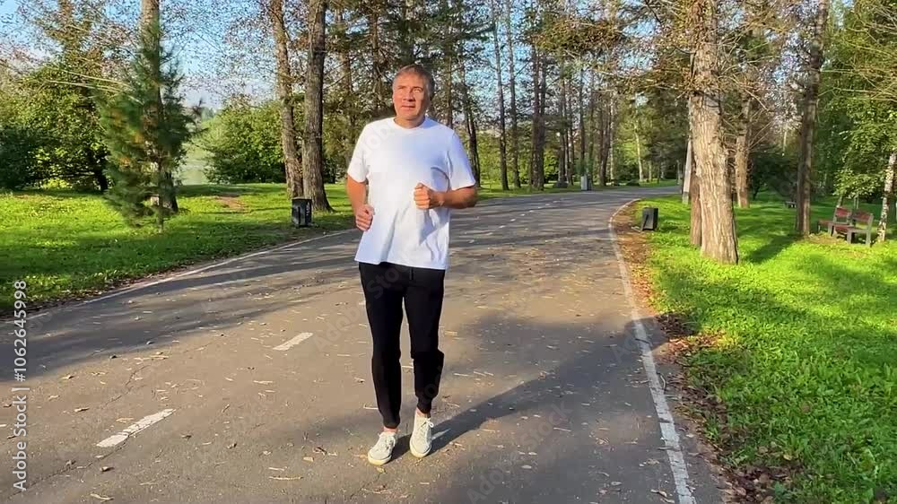 Running man. Male runner jogging at the park. training outdoors. Exercising on forest path. Healthy, fitness, wellness lifestyle. Sport, cardio, workout concept 