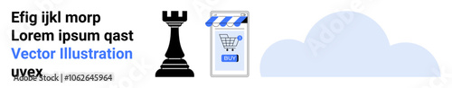 Chess rook piece, smartphone with shopping cart and blue awning, cloud, and text elements. Ideal for online shopping, business strategy, mobile commerce, cloud technology, digital marketing, game