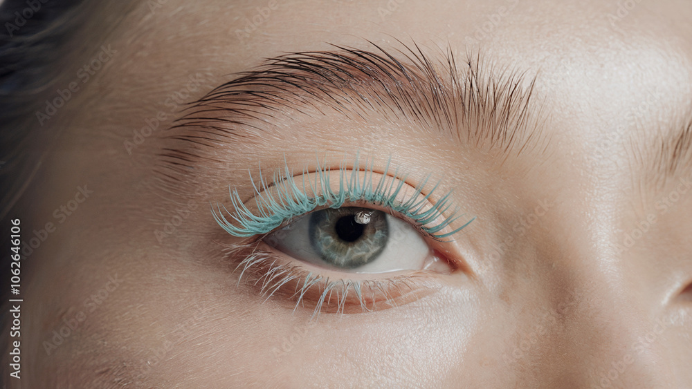 Fototapeta premium stylish minimalism, Pastel Blue mascara: a close-up shot of an eye adorned with vibrant Pastel Blue mascara on naturally long lashes