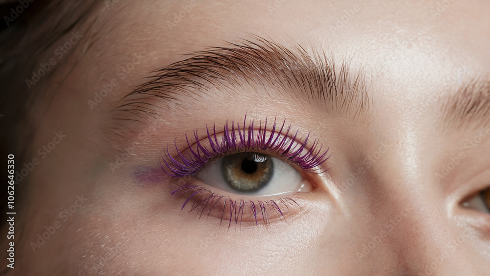 Obraz premium stylish minimalism, Purple mascara: a close-up shot of an eye adorned with vibrant Purple mascara on naturally long lashes