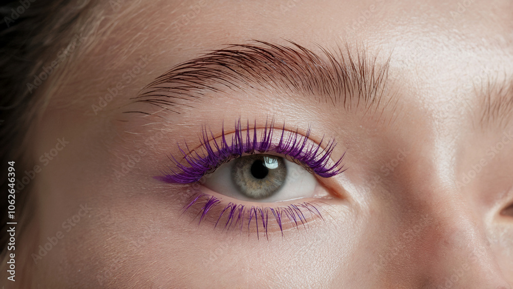 stylish minimalism, Purple mascara: a close-up shot of an eye adorned with vibrant Purple mascara on naturally long lashes stylish minimalism, Purple mascara: a close-up shot of an eye adorned with vibrant Purple mascara on naturally long lashes