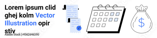 Documents with clip, calendar with rings, and money bag with dollar sign. Ideal for business plans, financial planning, office setups, scheduling, budgeting, productivity tools, and financial apps