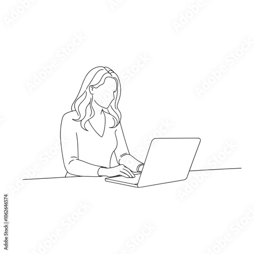 Woman focused on her laptop, engaged in work with a serene expression in a modern workspace isolated continuous line art flat vector illustration on white background.