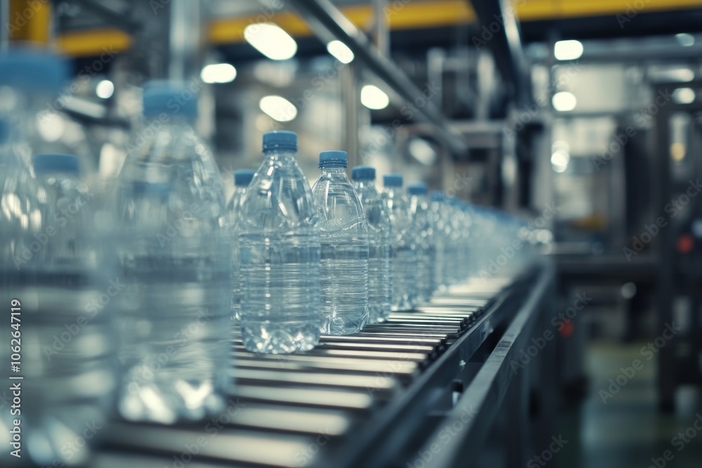Obraz premium Modern milk production line displaying bottles on a conveyor system with emphasis on sanitation and efficiency in dairy manufacturing