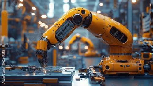 Precision robotic arm assembling parts in factory. Yellow robotic arm assembling parts in a smart factory setting, symbolizing automation and efficiency in advanced manufacturing.