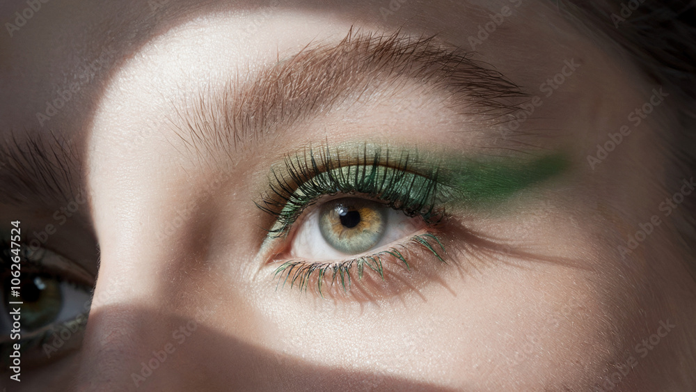 Vibrant Green Mascara, Natural Chic: A close-up shot of an eye accentuated with lush green mascara that adds a hint of vibrancy Vibrant Green Mascara, Natural Chic: A close-up shot of an eye accentuated with lush green mascara that adds a hint of vibrancy