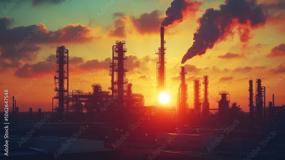 Factory Chimneys Emitting Smoke at Sunset. Industrial chimneys releasing smoke against a vibrant sunset sky, representing pollution, industrialization, and environmental challenges.